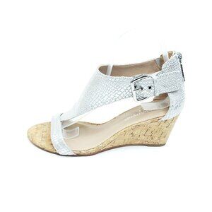 Donald J Pliner Silver Snakeskin Wedge Sandals Cork Heel Zip Buckle US 8.5 M